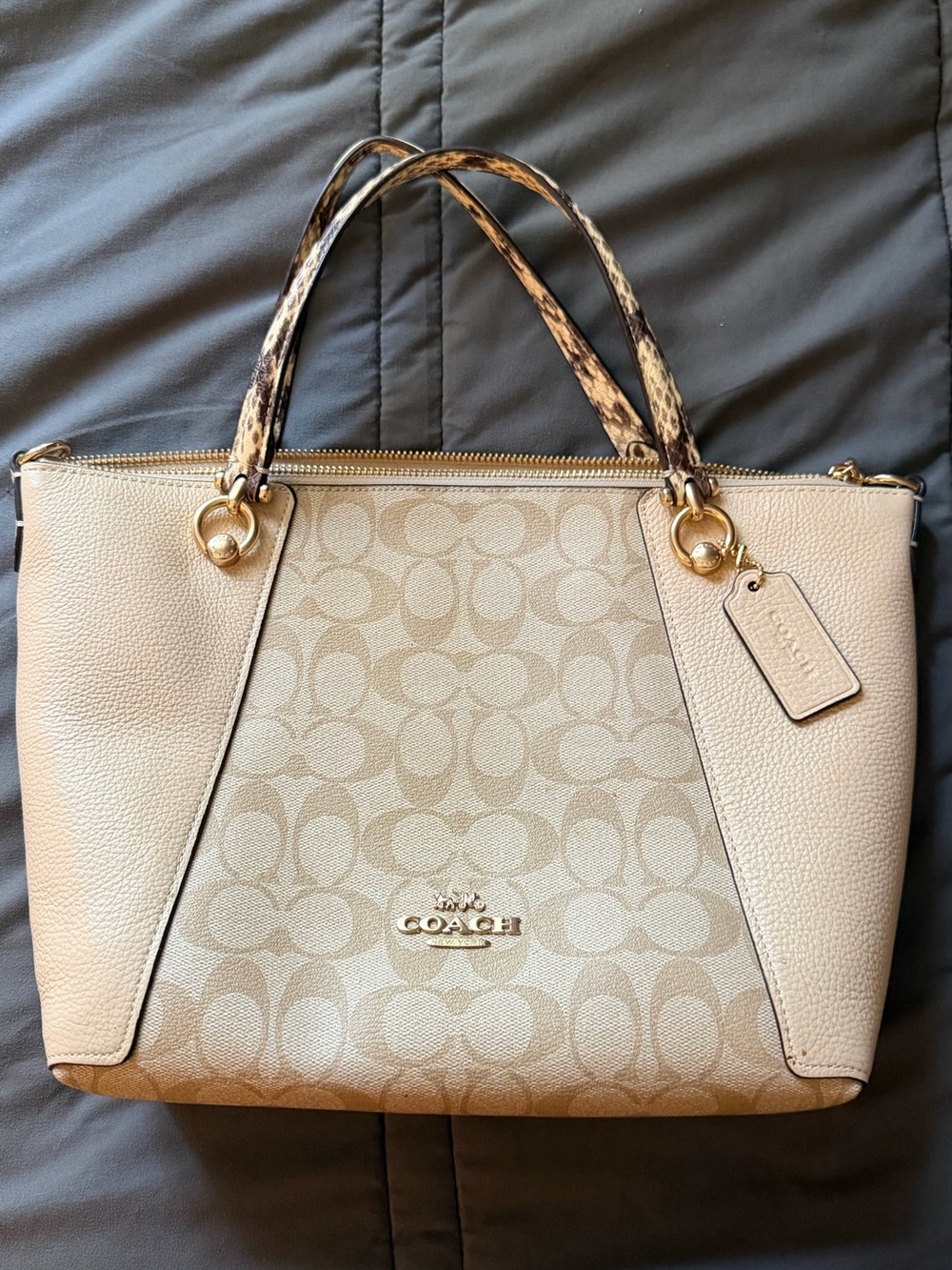 Coach Beige Signature Tote with Snake-Print Handles